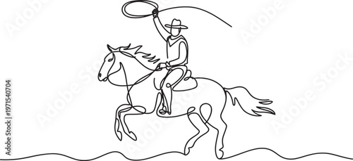 Continuous single line of a cowboy riding a bucking horse while swinging a lasso rope representing western culture rodeo sports and ranch life isolated on a white background for
