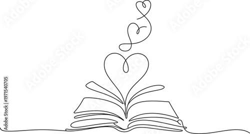 Continuous line of an open book with a heart shape rising from the pages representing love for reading literature and romantic stories on a white background in a simple minimalist style