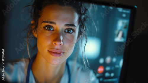 Young female doctor in front of a telemedicine screen, creating a warm digital healthcare portrait with modern remote consultation and compassionate medical care.