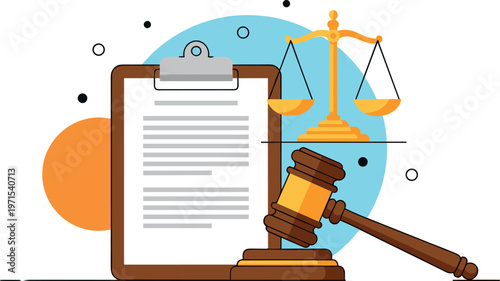 Legal Justice Illustration with Gavel, Scales of Justice, and Legal Documents for Court Cases and Legal Procedures