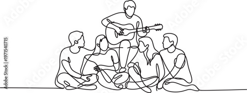 Continuous single line of a group of young friends sitting together and playing acoustic guitar representing music friendship social gathering and leisure time isolated on a white background