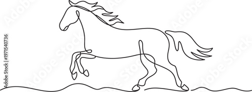 Minimalist continuous line of a galloping horse in motion showing fluid movement and posture isolated on a white background for equestrian or animal themed projects