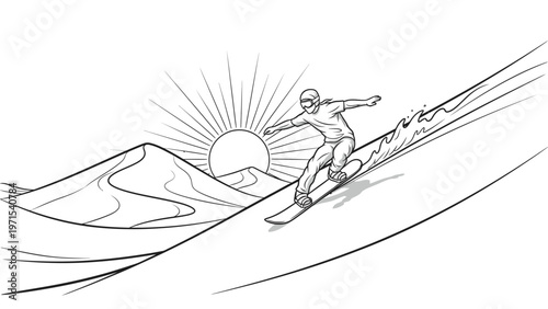 A black and white illustration of a snowboarder riding down a snowy slope with sun rising behind mountains.