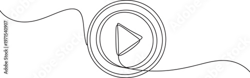 Single continuous line of a play button isolated on a white background featuring a triangular arrow symbol inside a circular frame rendered in a minimalist black ink stroke style
