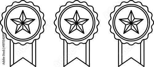 award badge ribbon star emblem achievement quality certification premium guarantee excellence winner label icon vector outline black isolated
