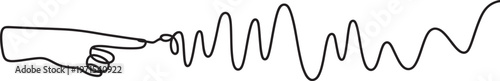 Continuous single line of a human finger pointing at a fluctuating sound wave frequency pattern isolated on a white background representing communication and digital signal processing concepts
