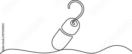 Single continuous line of a medical pill capsule with a hook attached to the isolated on a white background representing healthcare pharmacy and medication concepts in minimalist style