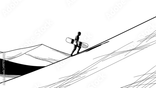 A surfer walks along a snowy mountain slope with a surfboard under their arm, against a white background with black lines suggesting mountains and dynamic movement.