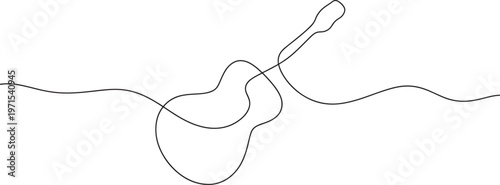 Single continuous line of an acoustic guitar with a long flowing neck and body isolated on a white background in a minimalist black and white style for musical themes