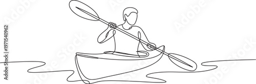 Single continuous line of a person paddling a kayak on water isolated on a white background representing outdoor recreation water sports adventure and active lifestyle concepts in minimal style