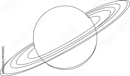 Single continuous line of the planet saturn with its prominent rings orbiting around the sphere isolated on a white background in a minimalist black and white style
