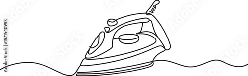 Single continuous line of a household electric iron for clothing on a white background representing laundry chores ironing clothes and garment care in a minimalist black and white style