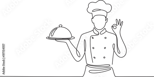 Continuous line of a chef wearing a tall hat holding a silver food serving cloche and making an okay hand gesture on a white background representing culinary service and food