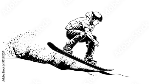 A snowboarder in a squatting position rides down a snowy slope with snow spraying behind on a white background in a black and white illustration.