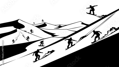 Silhouette illustration of multiple skiers skiing down a snowy mountain slope against a white background with a minimalist style.