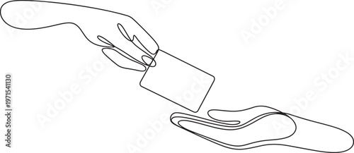 Continuous line of two hands exchanging a blank rectangular card on a white background representing business transactions payment methods gift cards or personal identification exchange concepts