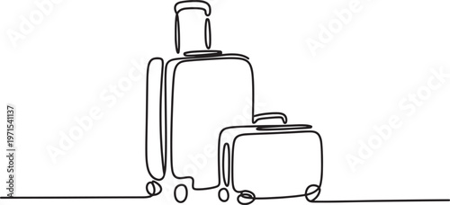 Continuous line of two travel suitcases standing together isolated on a white background representing vacation luggage and holiday trip preparation for tourism and travel industry concepts