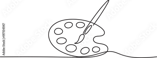Continuous line of an artists paint palette with a brush resting on isolated on a white background representing creativity and fine arts tools for painting and activities