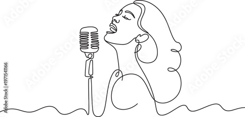 Continuous line of a female singer performing with a vintage microphone isolated on a white background capturing the essence of music performance and vocal talent for entertainment themes