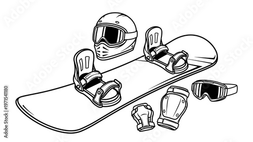 Line drawing of a snowboard with bindings and safety gear on a white background.