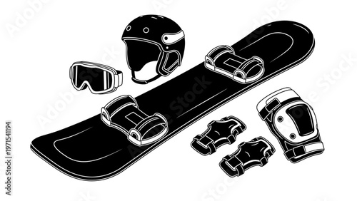 Black snowboard with bindings and protective gear on a white background.