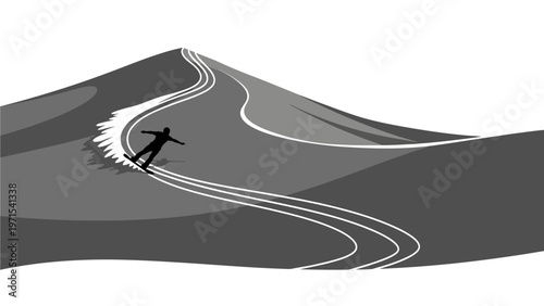 A black silhouette of a person snowboarding down a winding road on a grayscale hill with white tracks, against a white background.