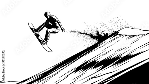A snowboarder jumps off a snowy slope with motion blur on a white background in a black and white illustration.