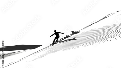 Monochrome illustration of a snowboarder descending a snowy slope with dynamic lines, against a white background.