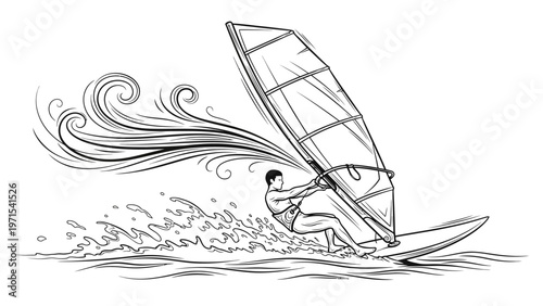 Black and white illustration of a windsurfer riding on waves with a large sail, creating splashes and swirls in the water.