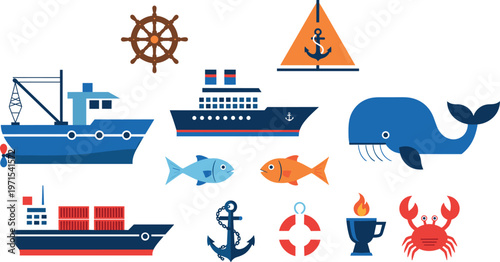 Nautical and Maritime Vector Set Featuring Ships, Fish, Whale, Anchor, Lifebuoy, and Crab for Marine and Ocean-Themed Designs
