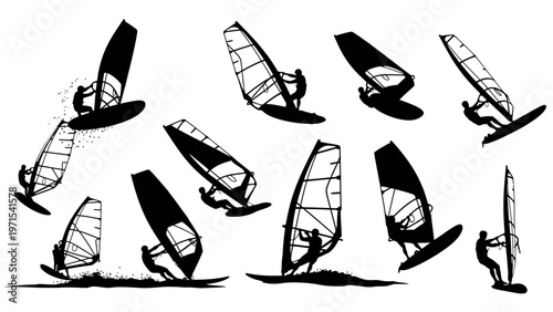 A collection of windsurfers in various poses and angles in black silhouette against a white background.