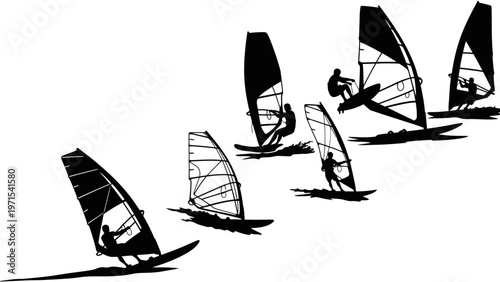 Black silhouette illustration of five windsurfers sailing across a white background with varying sail positions.