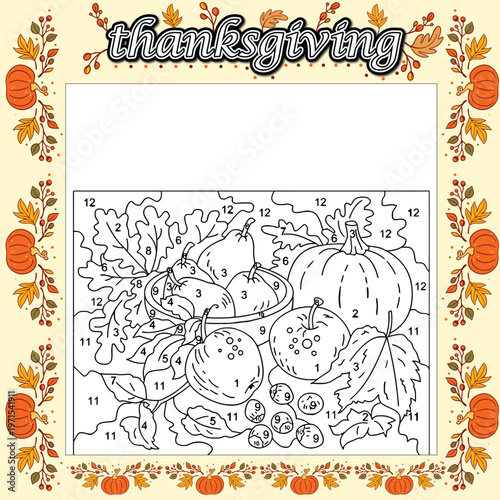 A detailed Thanksgiving color by number activity shows a bountiful harvest bowl overflowing with various fruits and vegetables, accompanied by scattered produce and leaves.