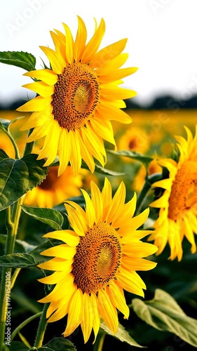 Sunflowers blooming in a field on a sunny day with a clear blue sky in the background, possibly used for agriculture or decoration