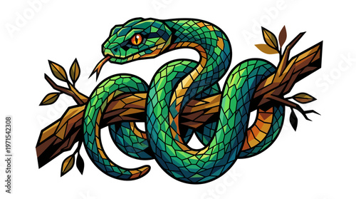 Green Snake on a Tree Branch.