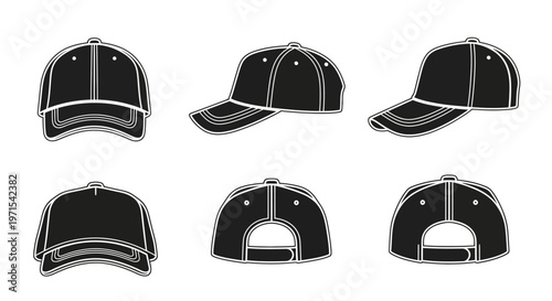 Baseball Cap Mockup Set: Front, Side, Back Views - Vector Illustration