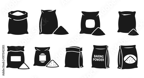 Baking Powder and Flour Bags Icon Set, Silhouette of Ingredients for Baking