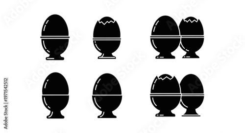 Black Egg Icons in Holders: Whole, Cracked, and Grouped