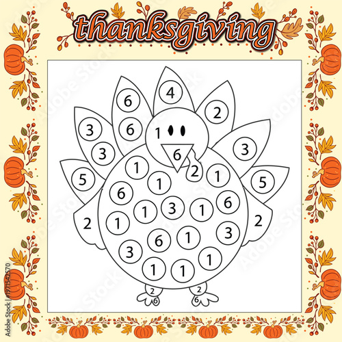 A delightful Thanksgiving color by number image depicts a plump turkey viewed from the front, with its body and tail feathers segmented into numerous numbered circles for coloring.
