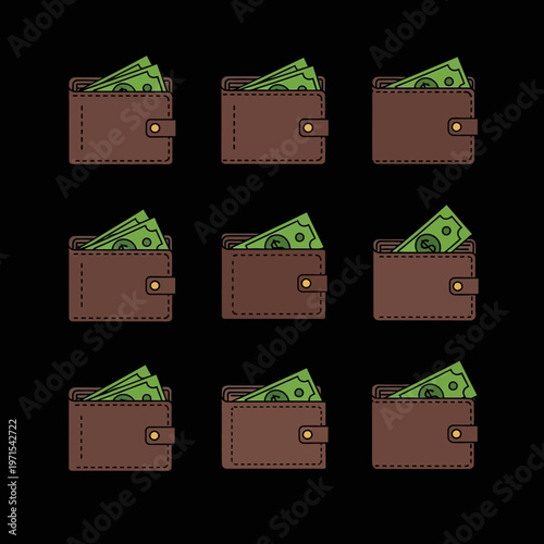 Brown Leather Wallets Full of Dollar Bills, Money and Finance Icons Set