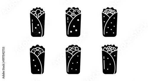 Burrito Icons: Six Black and White Vector Graphics of Mexican Food