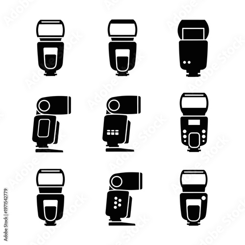 Camera Flash Icons Set - Photography Equipment Silhouette Collection