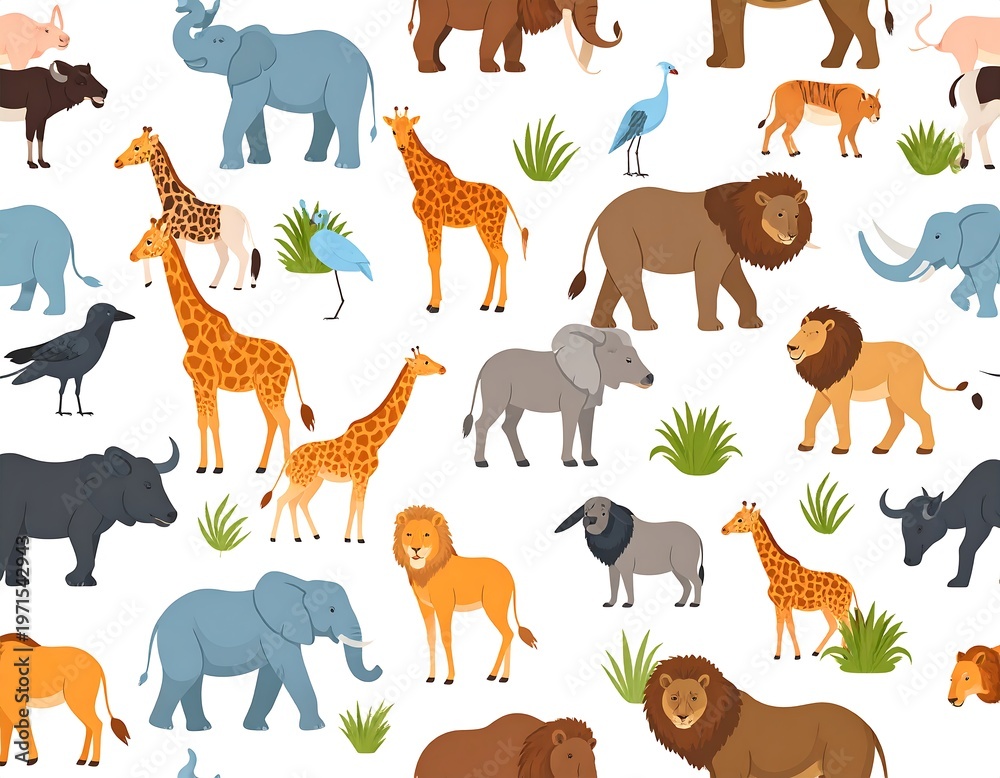 Fototapeta premium Seamless Pattern of African Animals - Wildlife Vector Illustration.