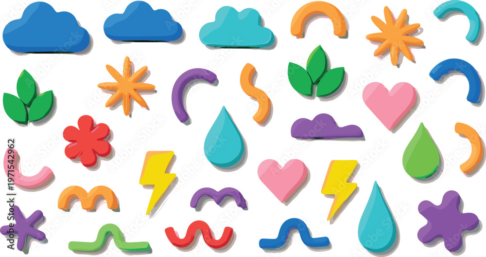 Obraz premium Vector Illustration of Colorful Weather and Nature Icons Including Clouds, Raindrops, Lightning, Flowers, and More