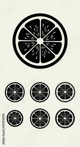 Citrus Slice Icons: Orange, Lemon, Lime Fruits - Black and White Graphic Design