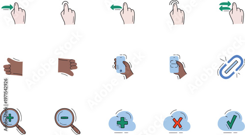 Hand gesture and technology icons on transparent background vector illustration.
