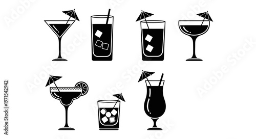 Cocktail Glass Set Silhouette Icons, Drinks Umbrella Collection