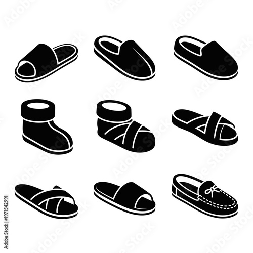 Collection of Black and White Footwear Icons: Slippers, Boots, and Loafers