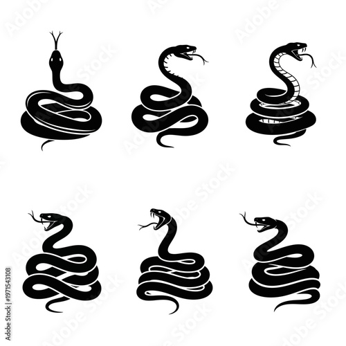 Collection of Black Serpent Silhouettes in Coiled Poses
