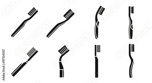 Collection of Black Toothbrush Icons, Various Designs and Angles